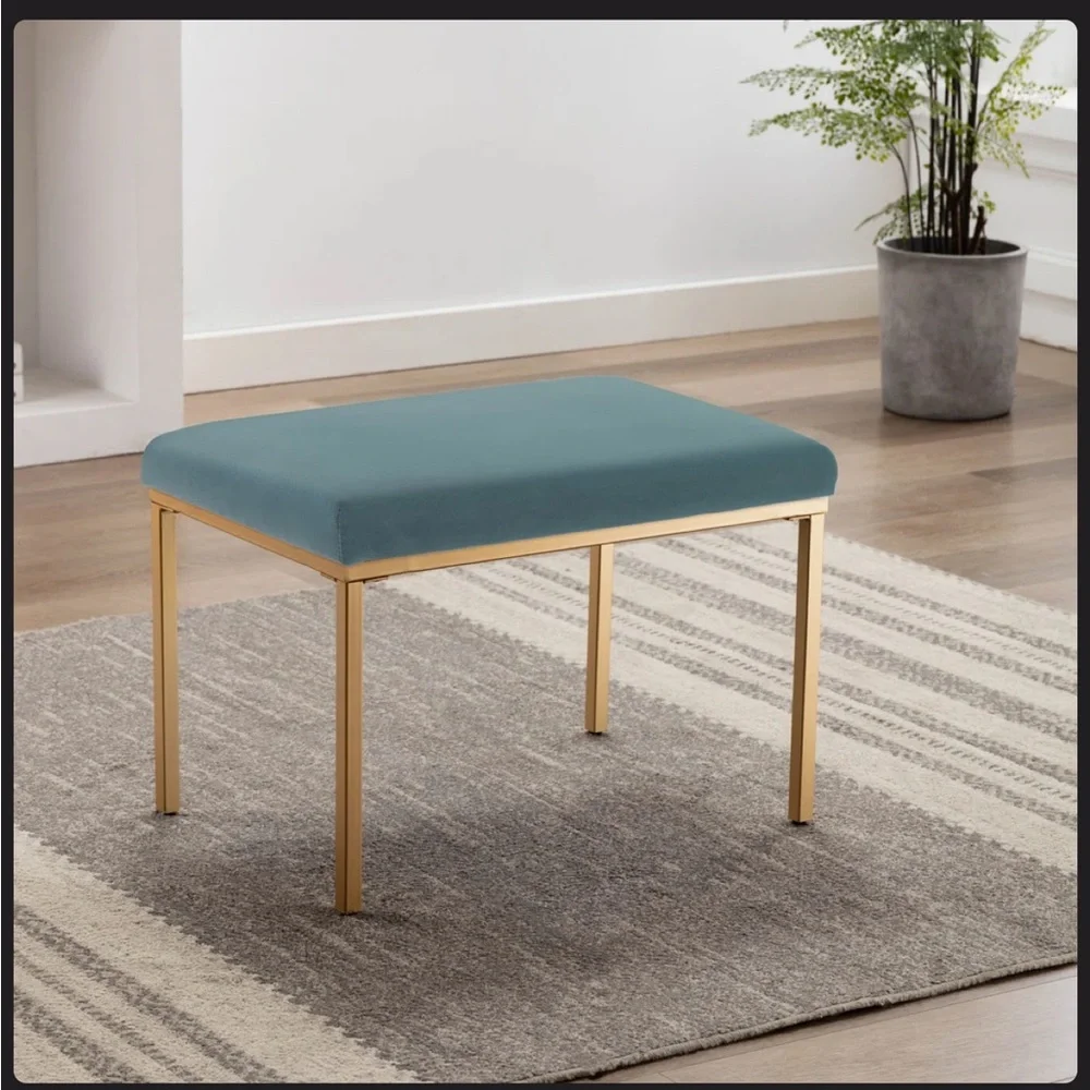 Rectangular Ottoman Footstool With Gold Metal Legs, Upholstered Accent Bench